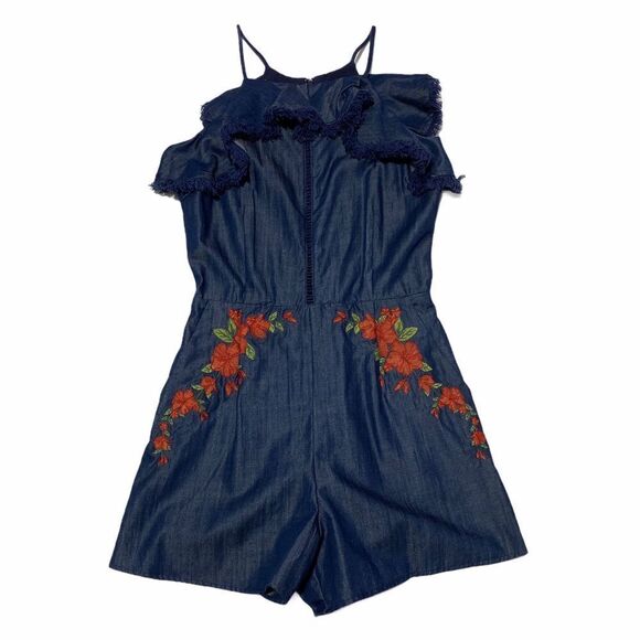 MOON River Embroidered Floral Denim Romper XS Nwt - Picture 3 of 11